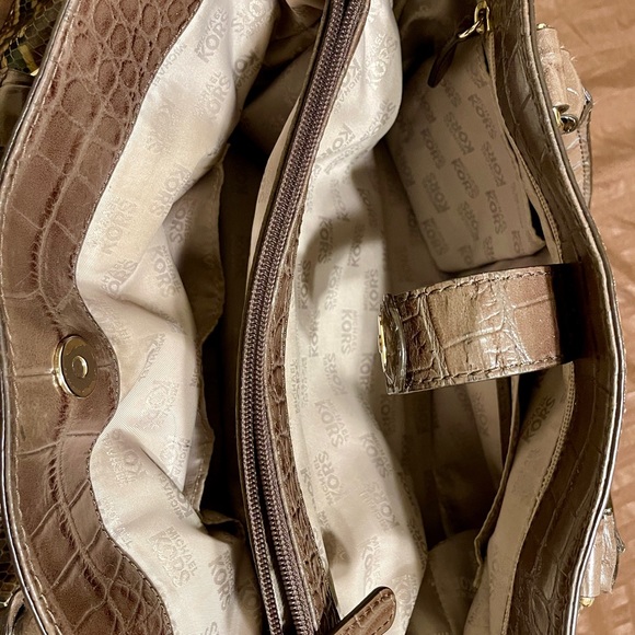 Michael Kors Hamilton Satchel Bag Snakeskin Embossed Leather Brown Purse - Picture 2 of 3